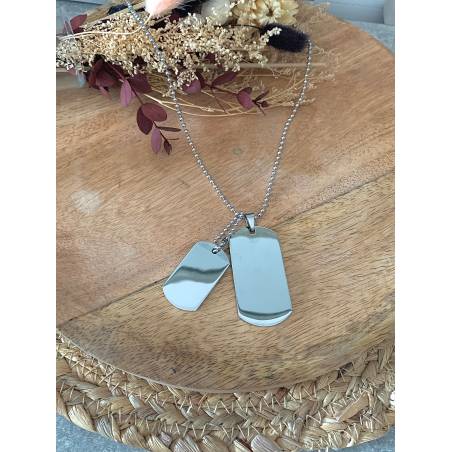 Collier Chaîne + Pendentifs Plaques Militaires Rectangulaires En Acier inoxydable