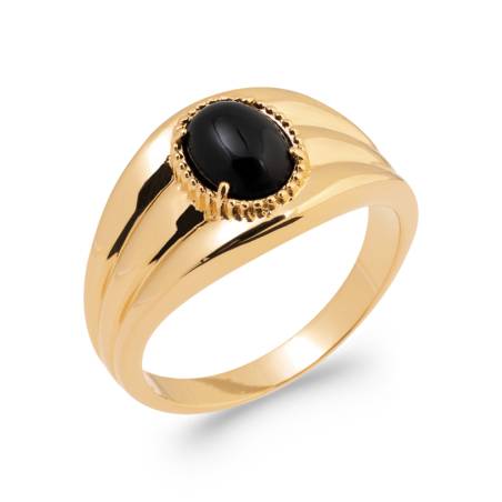 Bague Pierre Agate Noire Véritable En Plaqué or 18 Carats 750/1000