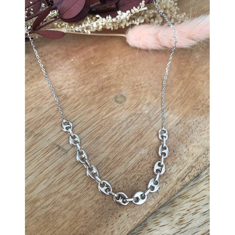 Collier Chaîne Maillons Grains de Café En Argent Massif 925/1000 Rhodié