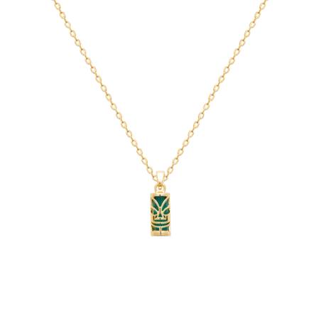 Pendentif Tiki Polynésien "Tendresse" Pierre Agate Verte En Plaqué Or 18 Carats 750/000