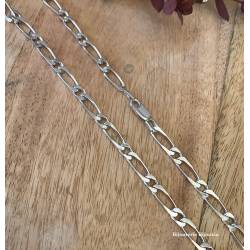 Chaîne 60CM X 5mm Maille Figaro Diamantée 1-1 Argent Massif RHODIUM