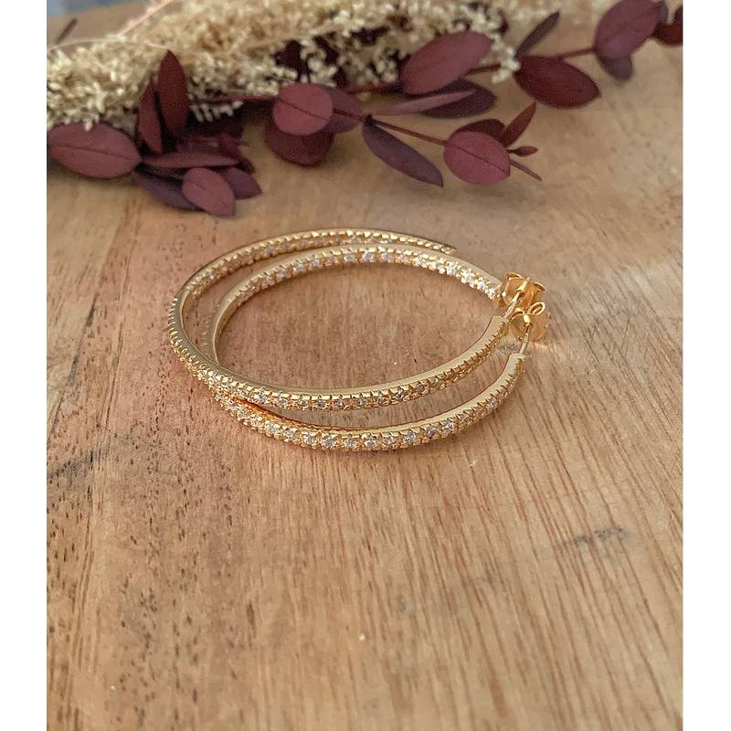 Boucles D'oreilles Créoles Ouvertes Microserties Cristaux Plaqué or 18 CARATS