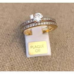 Bague Solitaire Double Anneau Plaqué Or T 50-52-54-56-58-60