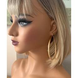 Boucles D'oreilles Grandes Créoles Ovales Striées 8,3CM Plaqué Or Bijoux Femme