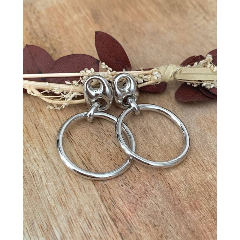Boucles d'oreilles grains de café et cercles en argent 925/1000 rhodié
