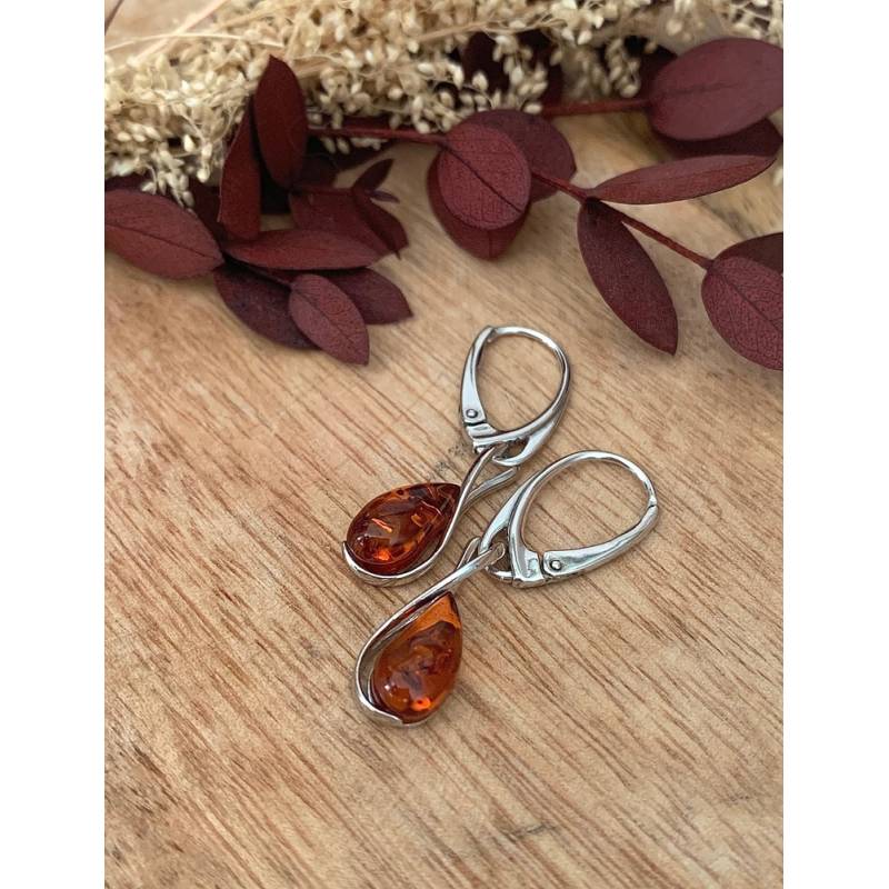 Boucles d'oreilles dormeuses argent 925/1000 rhodié pierre d'ambre