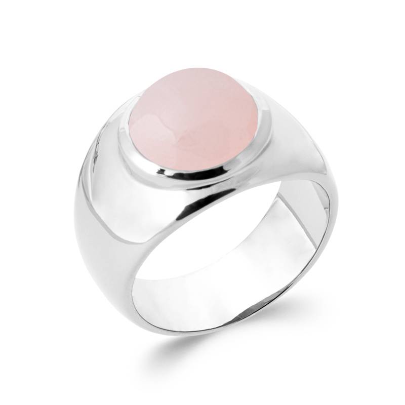 Bague Large Pierre Naturelle Quartz Rose En Argent 925/000 Rhodié T50 à 60
