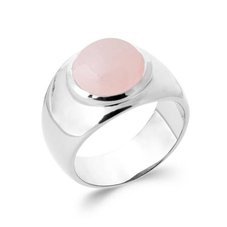 Bague Large Pierre Naturelle Quartz Rose En Argent 925/000 Rhodié T50 à 60