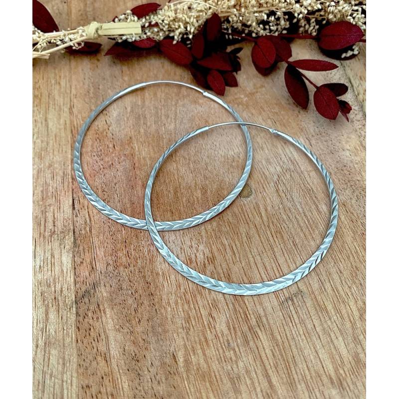 Boucles d'oreilles créoles reflets diamanté motifs striés 6CM argent 925/1000