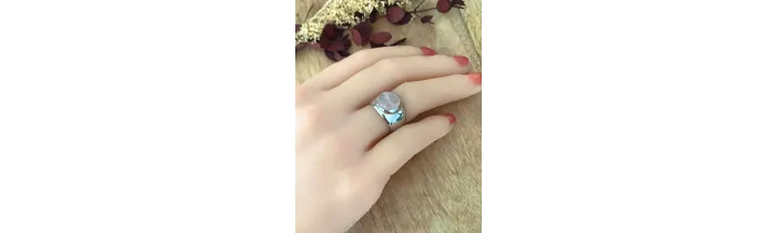 Bague Large Pierre Naturelle Quartz Rose En Argent 925/000 Rhodié T50 à 60