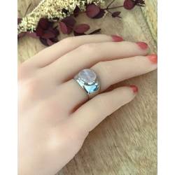 Bague Large Pierre Naturelle Quartz Rose En Argent 925/000 Rhodié T50 à 60