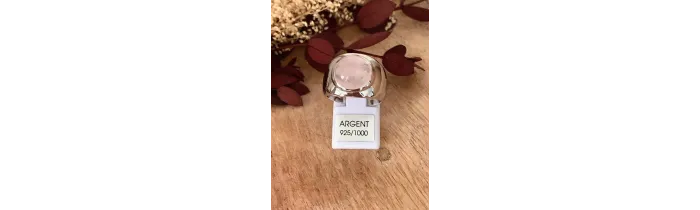 Bague Large Pierre Naturelle Quartz Rose En Argent 925/000 Rhodié T50 à 60
