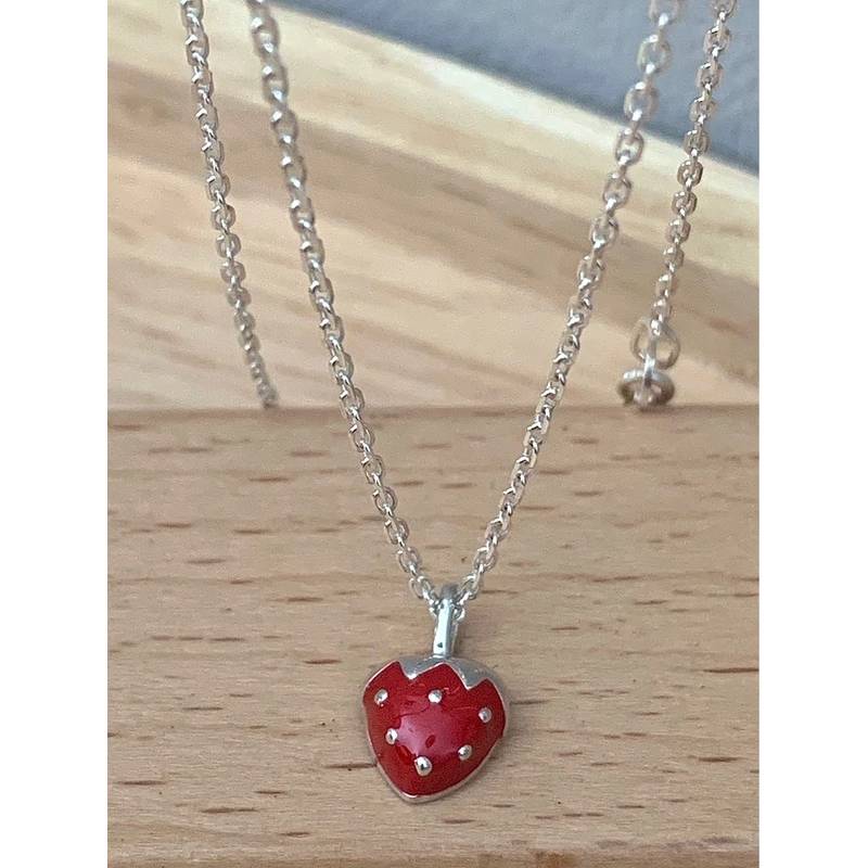 Collier Chaîne + Pendentif Fraise Émail En Argent Massif 925/000 Bijoux Enfant