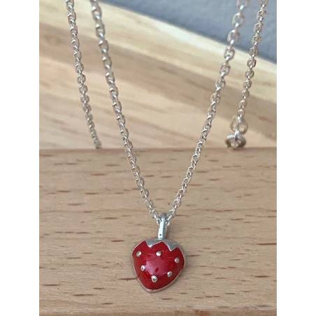 Collier Chaîne + Pendentif Fraise Émail En Argent Massif 925/000 Bijoux Enfant