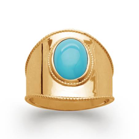Bague Large Pierre Cabochon Turquoise Plaqué or 18 CARATS T50 à T60