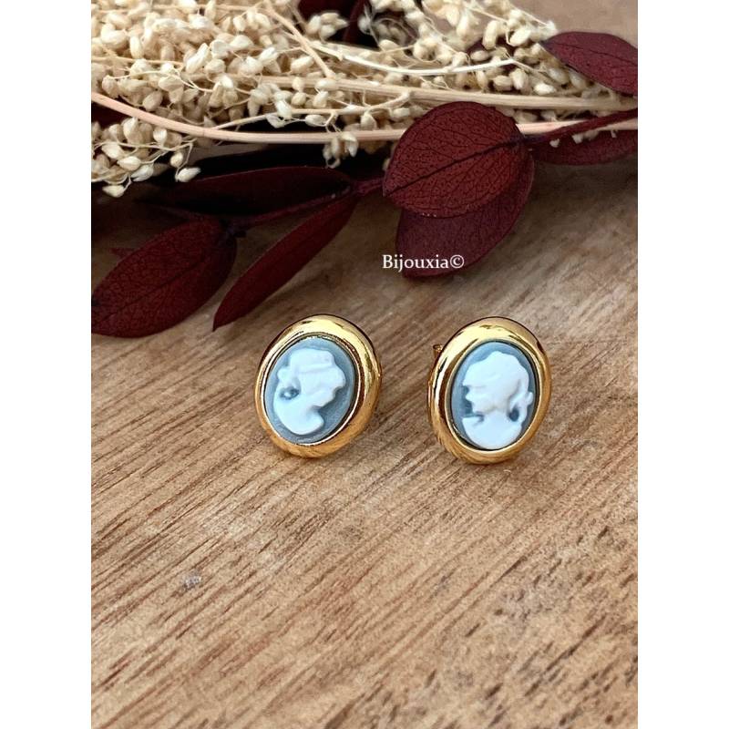 Boucles D'oreilles Puces Symbole Camée Bleu Plaqué or 18 Carats 750/1000