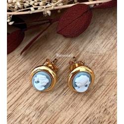 Boucles D'oreilles Puces Symbole Camée Bleu Plaqué or 18 Carats 750/1000