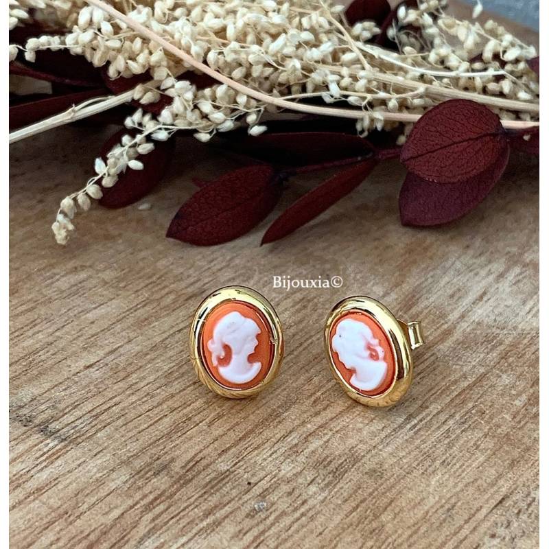 Boucles D'oreilles Puces Symbole Camée Rouge Plaqué or 18 Carats 750/1000
