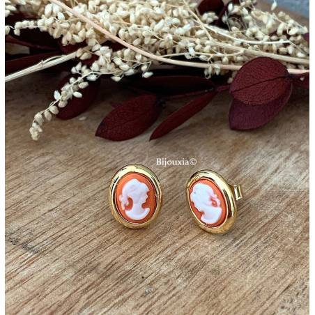 Boucles D'oreilles Puces Symbole Camée Rouge Plaqué or 18 Carats 750/1000