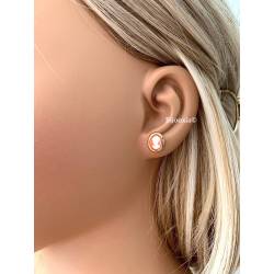 Boucles D'oreilles Puces Symbole Camée Rouge Plaqué or 18 Carats 750/1000