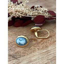 Boucles D'oreilles Pendantes Dormeuses Camée Bleu Plaqué or 18 Carats 750/1000