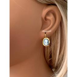 Boucles D'oreilles Pendantes Dormeuses Camée Bleu Plaqué or 18 Carats 750/1000