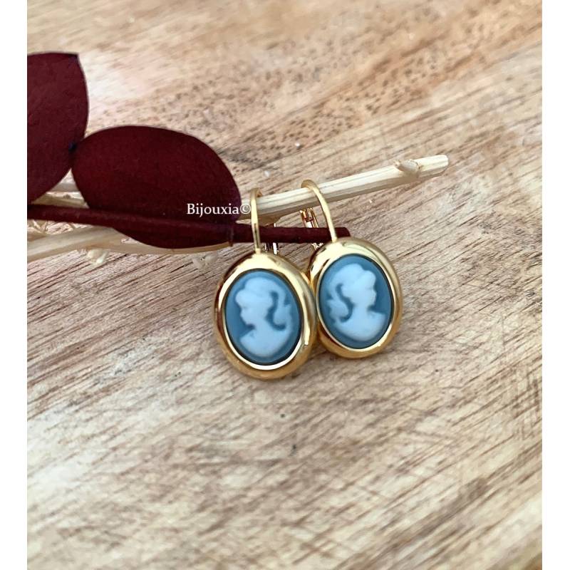 Boucles D'oreilles Pendantes Dormeuses Camée Bleu Plaqué or 18 Carats 750/1000