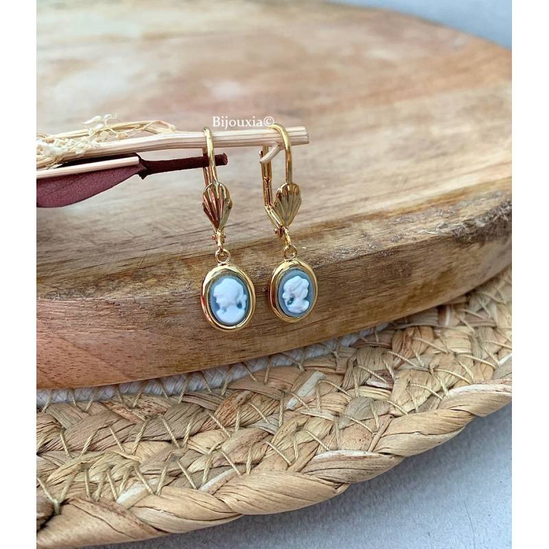Boucles D'oreilles Pendantes Dormeuses Camée Ovale Bleu Plaqué or 18 Carats