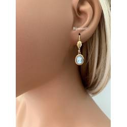 Boucles D'oreilles Pendantes Dormeuses Camée Ovale Bleu Plaqué or 18 Carats