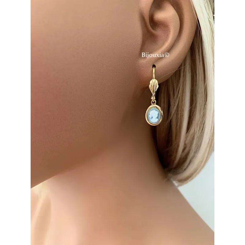 Boucles D'oreilles Pendantes Dormeuses Camée Rouge Plaqué Or 18 Carats - Neuf Avec étiquette