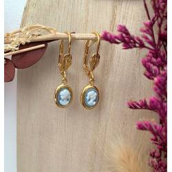 Boucles D'oreilles Pendantes Dormeuses Camée Ovale Bleu Plaqué or 18 Carats