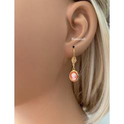 Boucles D'oreilles Pendantes Dormeuses Camée Ovale Cornaline Plaqué or 18 Carats