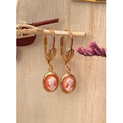 Boucles D'oreilles Pendantes Dormeuses Camée Ovale Cornaline Plaqué or 18 Carats