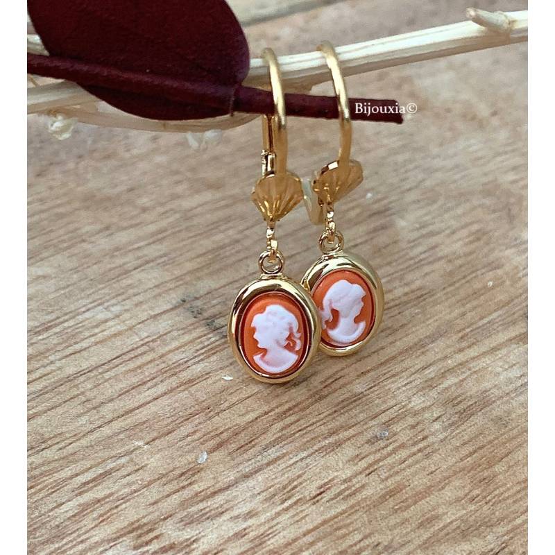 Boucles D'oreilles Pendantes Dormeuses Camée Ovale Cornaline Plaqué or 18 Carats