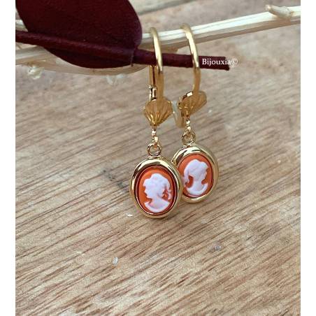 Boucles D'oreilles Pendantes Dormeuses Camée Ovale Cornaline Plaqué or 18 Carats