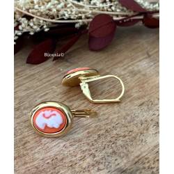Boucles D'oreilles Pendantes Dormeuses Camée Rouge Plaqué or 18 Carats 750/1000