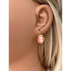 Boucles D'oreilles Pendantes Dormeuses Camée Rouge Plaqué or 18 Carats 750/1000