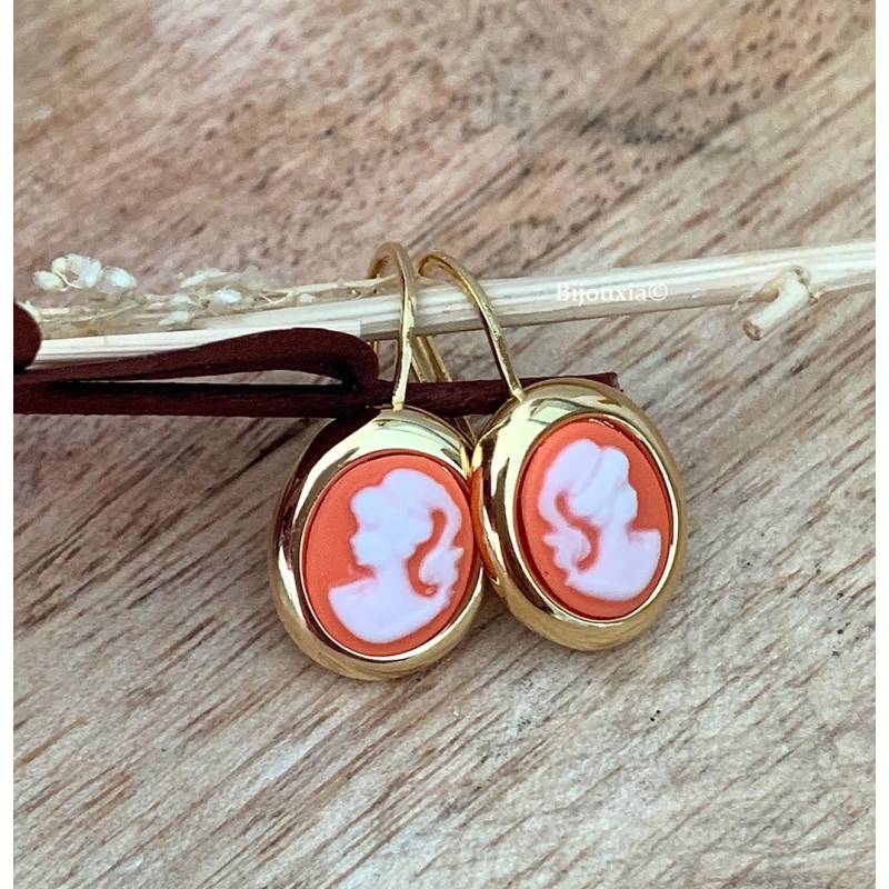 Boucles D'oreilles Pendantes Dormeuses Camée Rouge Plaqué or 18 Carats 750/1000