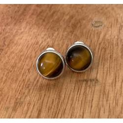 Boucles d'oreilles Puces 8MM Oeil de Tigre Contour Argent Massif Rhodié