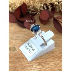 Bague Solitaire Pierre Bleu Zirconium Saphir Argent 925/000 Rhodié T.50 à 60
