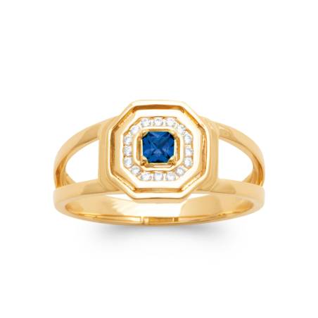 Bague Pavé Carré Zirconium & Cristal Bleu Saphir Cz Plaqué or 18 Carats 750/000