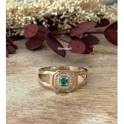 Bague Pavé Carré Zirconium & Cristal Vert Émeraude Plaqué or 18 Carats 750/000