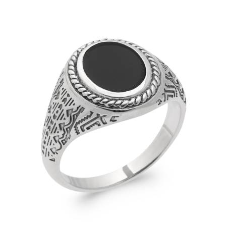 Bague Chevalière Homme Cabochon Agate Noire Argent 925 Vieilli Tailles 58 à 70