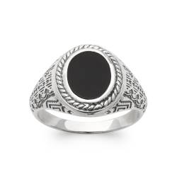 Bague Chevalière Homme Cabochon Agate Noire Argent 925 Vieilli Tailles 58 à 70