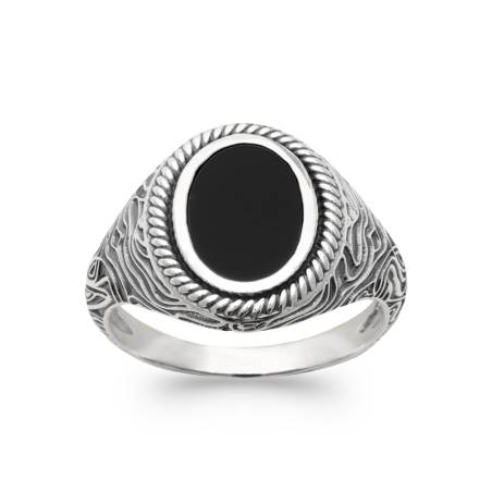 Bague Chevalière Homme Cabochon Agate Noire Argent 925 Vieilli Tailles 58 à 66