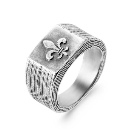 Bague Chevalière Homme Symbole Fleur de Lys En Argent Vieilli Tailles 58 à 64