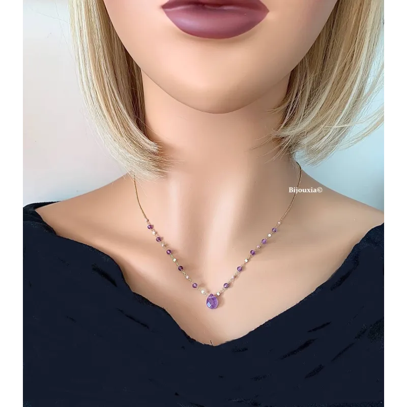 Collier Pierres Fines Améthyste Véritable en plaqué or 18 Carats 750/000