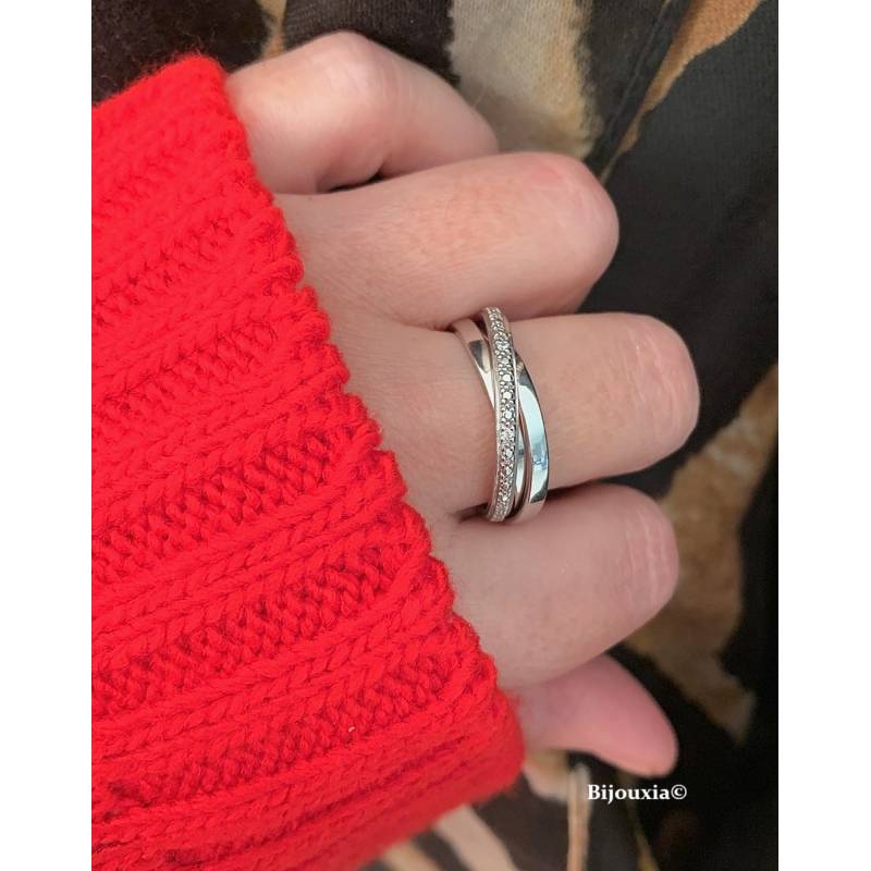 Bague Alliance Argent Massif 925 – Zirconium Croisé – Style Créateur – Occasion