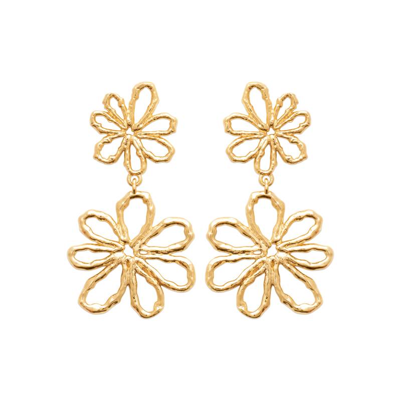 Boucles D'oreilles double fleurs ajourées pendantes En Plaqué Or 18 Carats