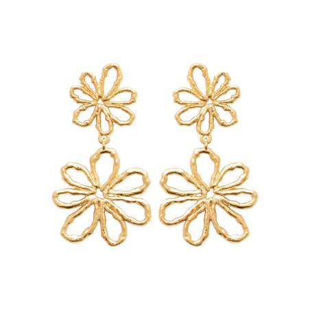 Boucles D'oreilles double fleurs ajourées pendantes En Plaqué Or 18 Carats